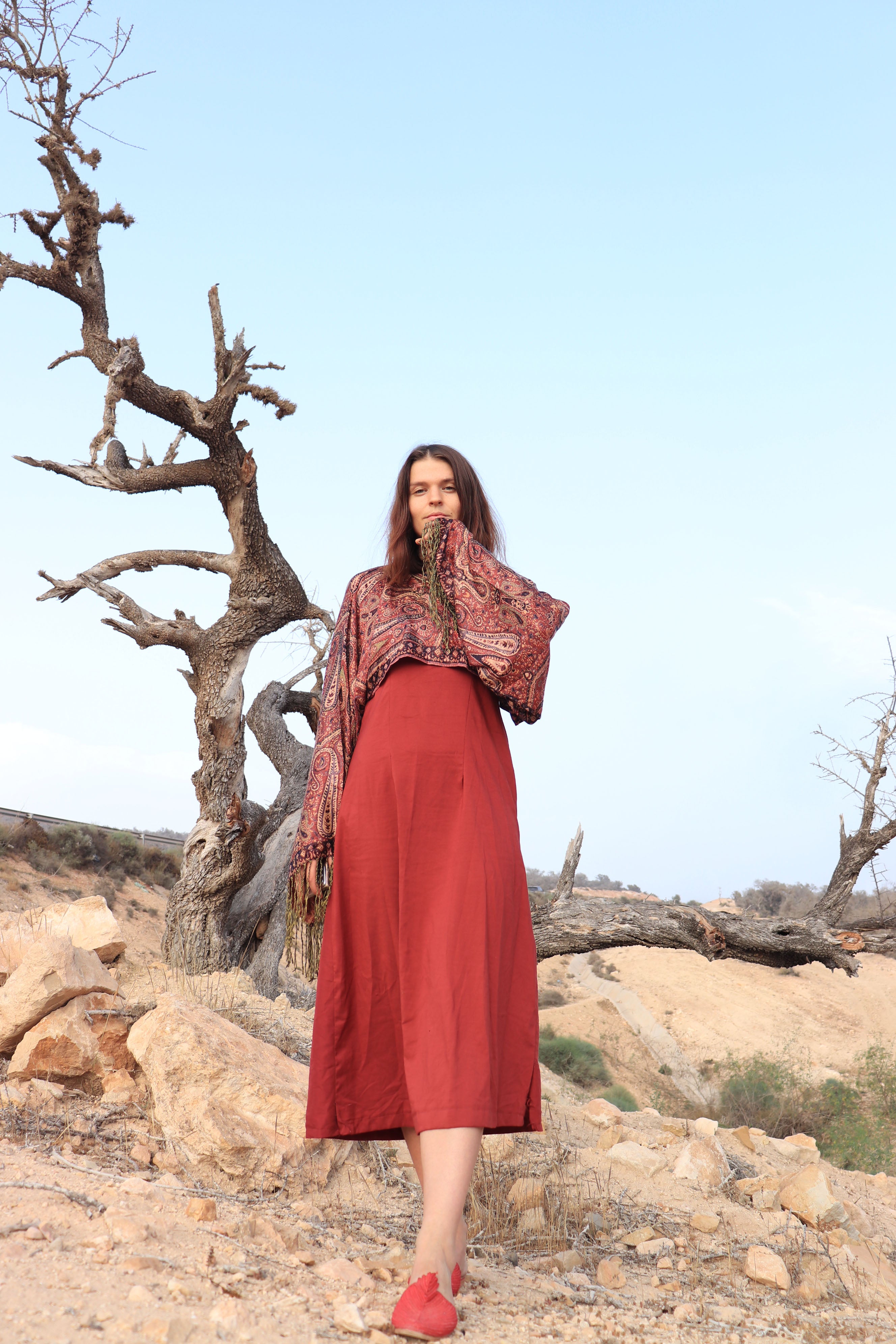 Patterned Pahmina top, red