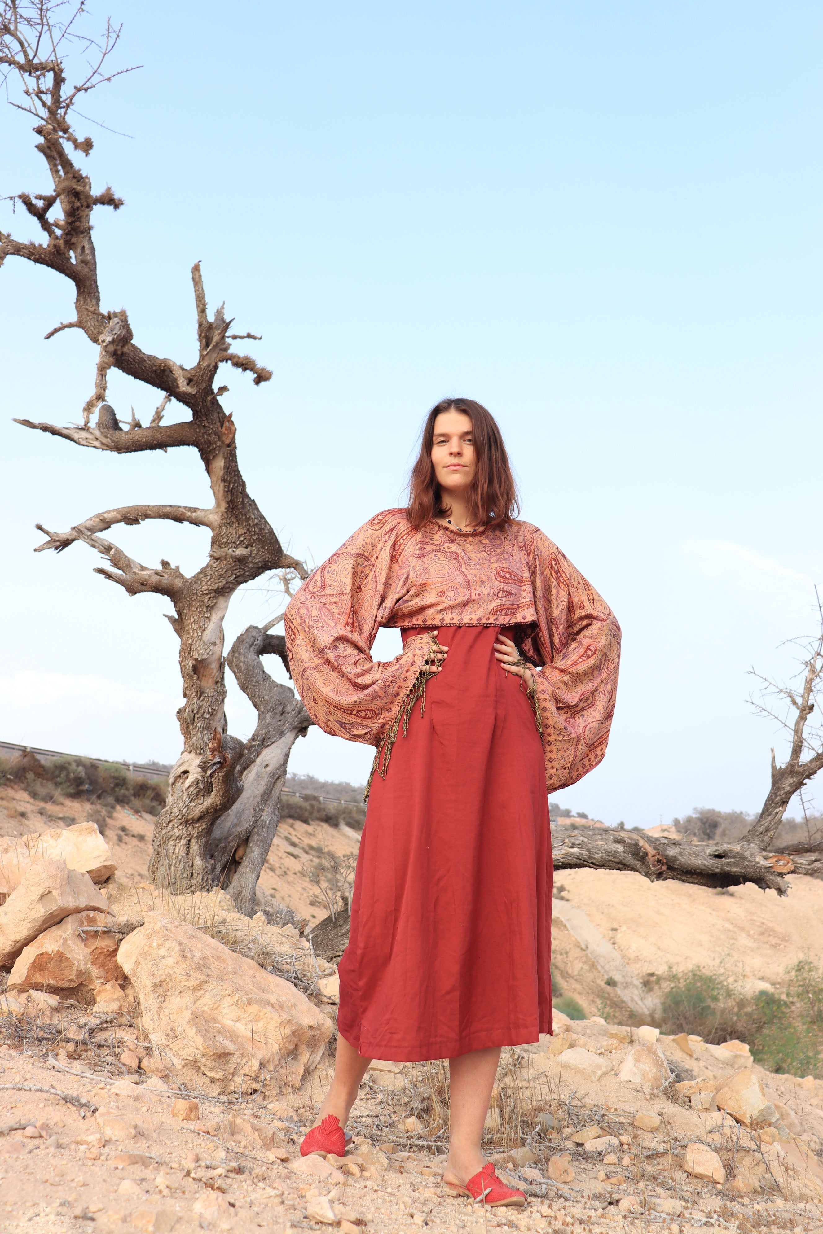 Patterned Pahmina top, red