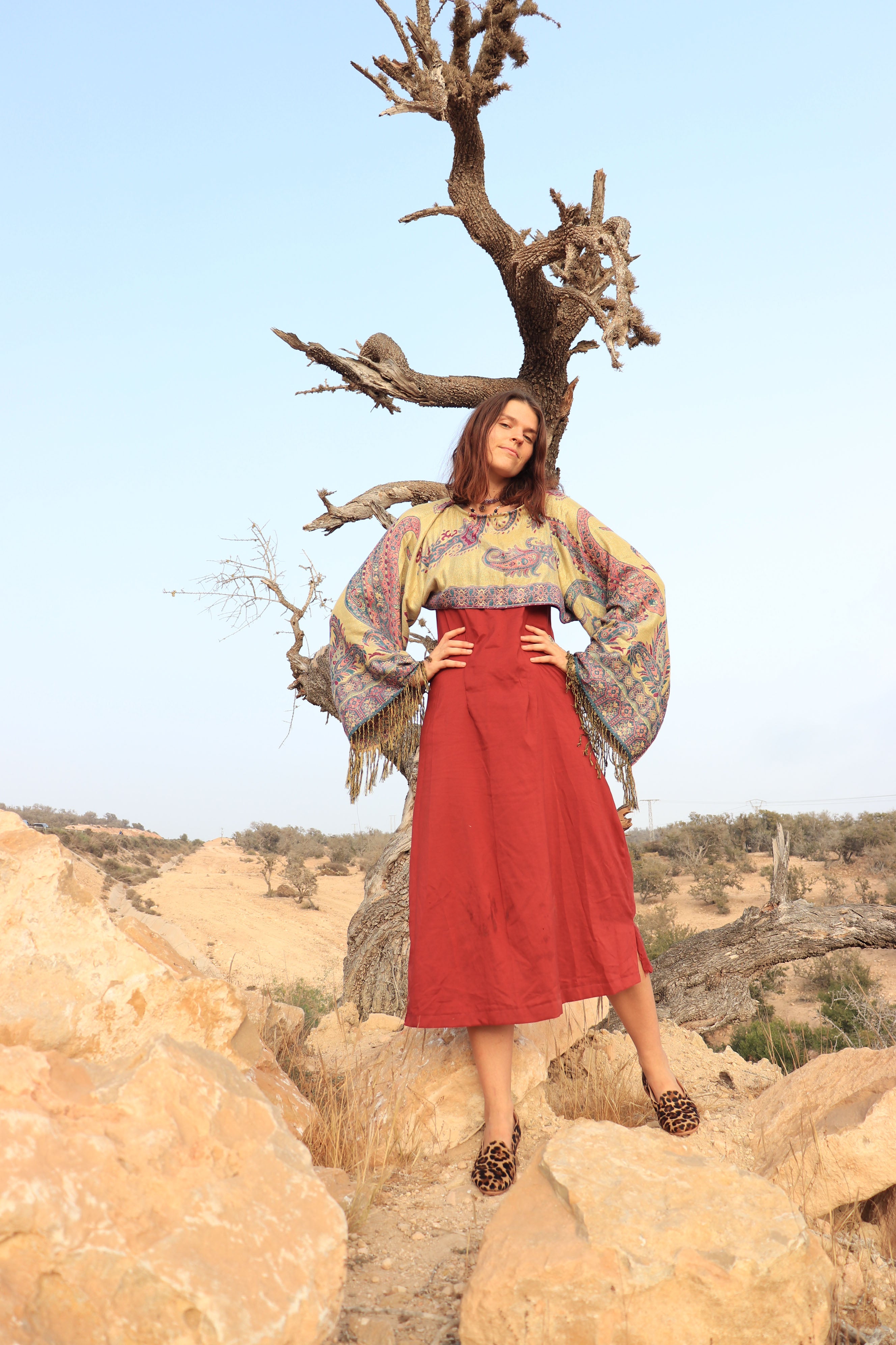 Woman in a red dress and patterned shawl standing on rocky terrain with a tree in the background.